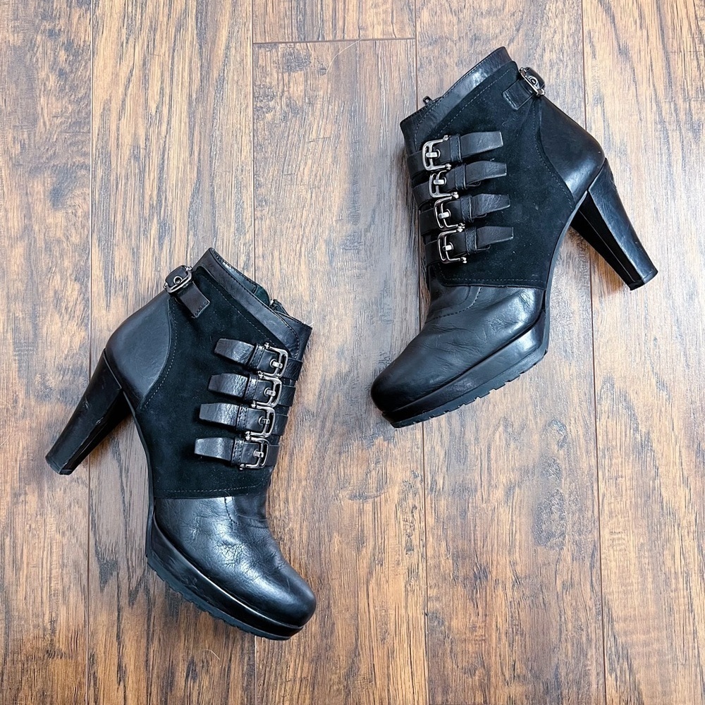 Russell & Bromley • buckled ankle boots heeled platform black suede leather moto